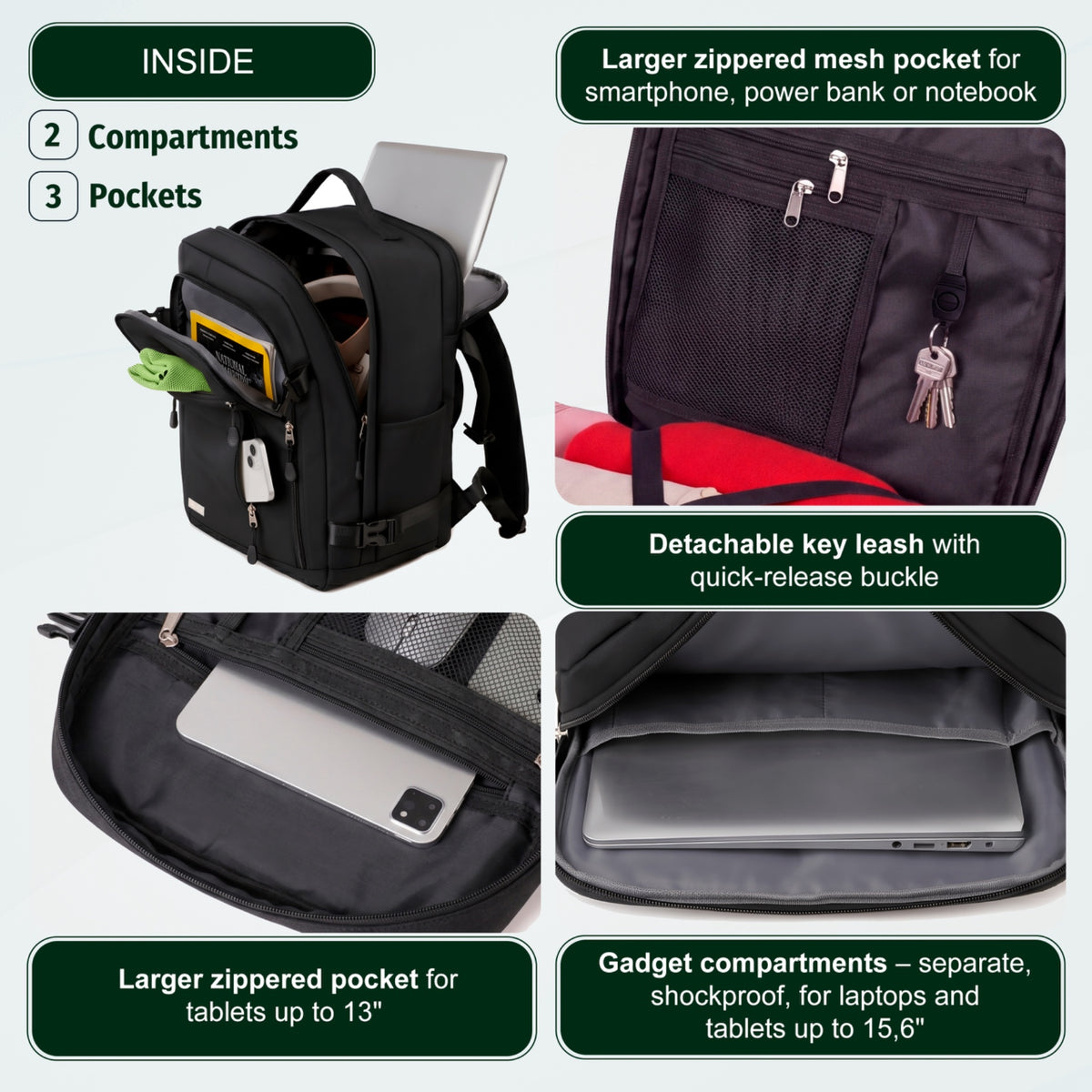 Cabin Travel Backpack | 40x30x20 Ryanair WizzAir | Expandable | Free Carry-On – Black