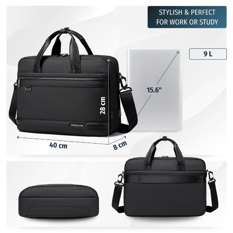 15.6" Laptop Shoulder Bag | Luggage Strap | Water-Resistant | Business Briefcase - Black