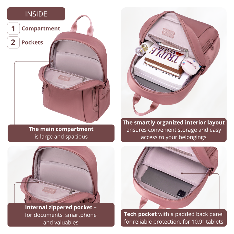 Women's Elegant City Backpack Chantria lightweight | Fits iPad Tablet | Waterproof Nylon – Antique Rose
