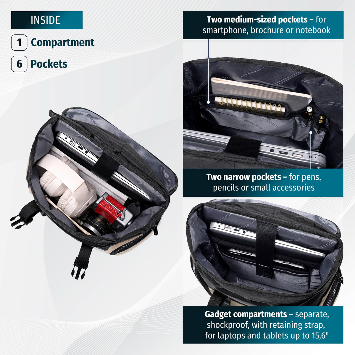 Plecak męski z klapą na klamry | Laptop 15.6" | Pasek na walizkę | Organizer 8 kieszeni – Beżowy