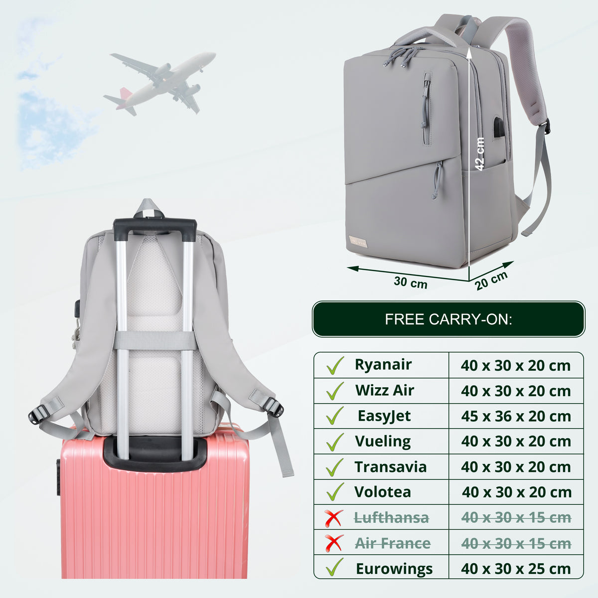 Youth School & College Backpack VIO | Fits 15.6 Laptop A4 | Built-In USB Port | Ryanair & Wizz Air Carry-On For Campus, University & Travel | Water-Resistant – Light Grey
