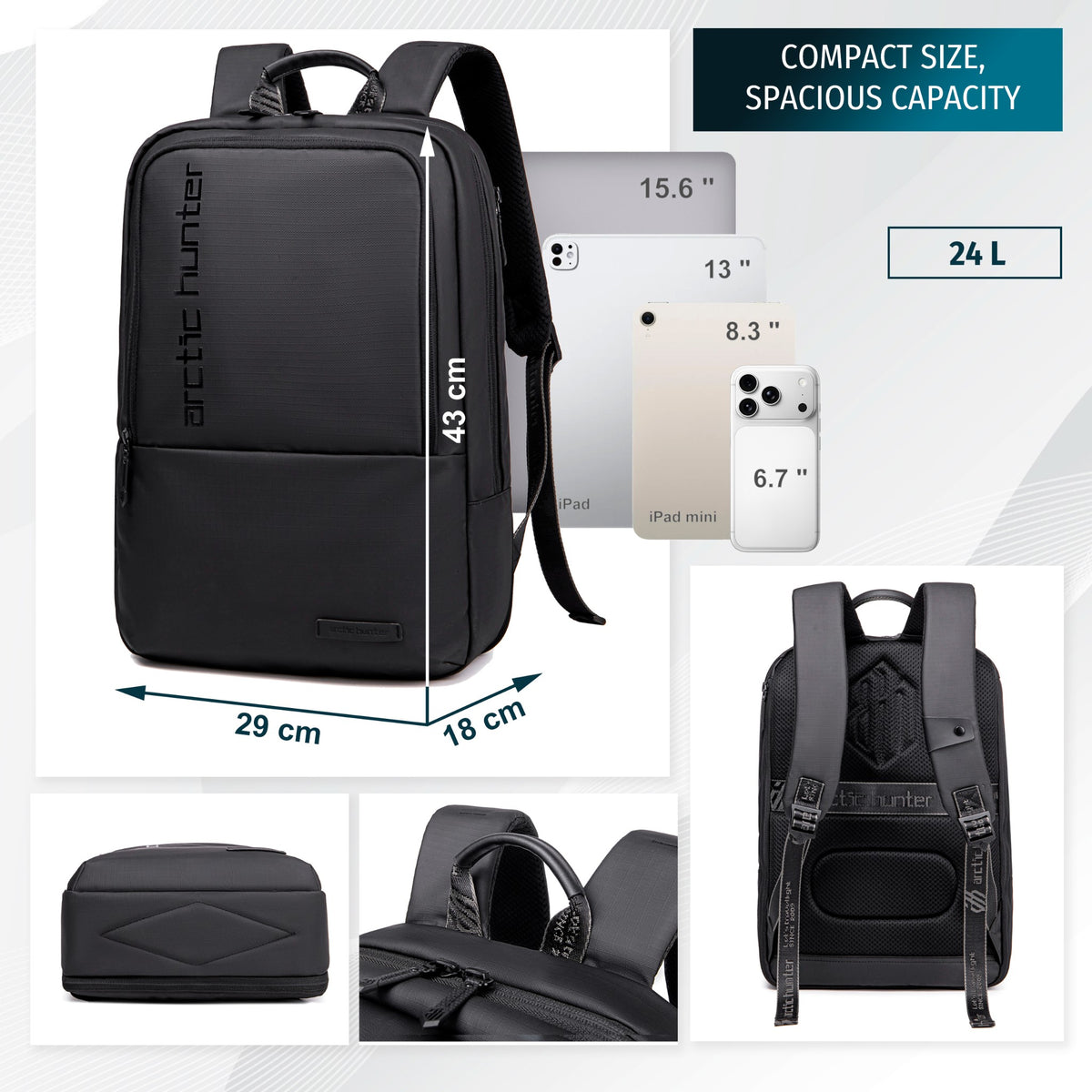 Expandable Laptop Backpack 15.6" Arctic Hunter | Expansion Feature | Work & College – Black