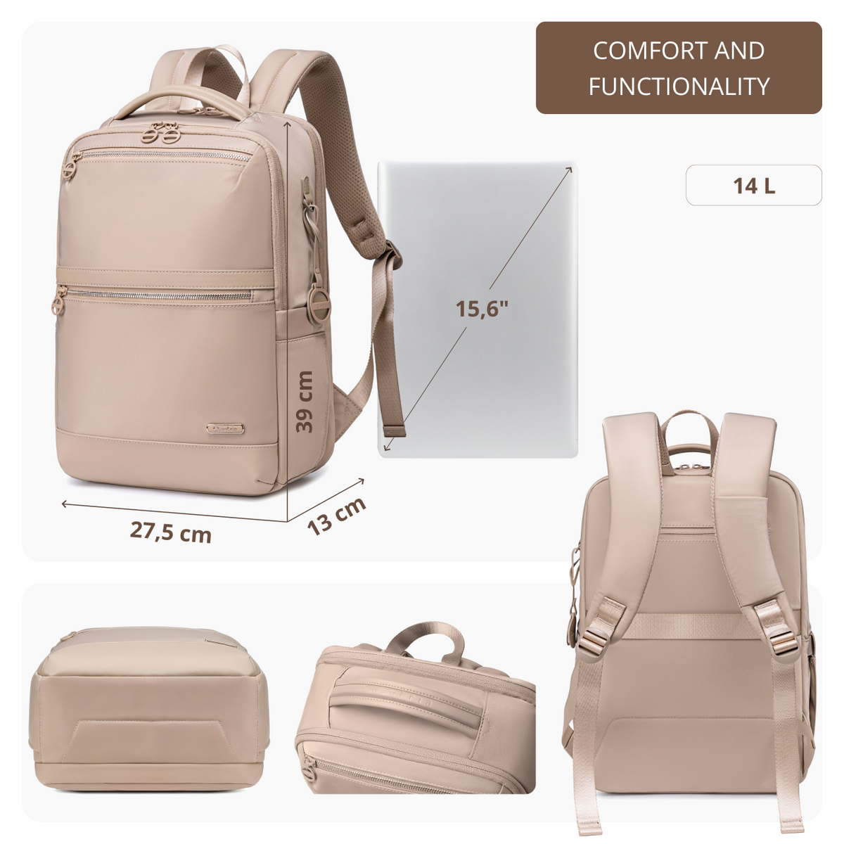 Women's City Backpack Chantria | For College & Work | Fits 15.6 Laptop Books & A4 Folders | Multi-Pocket | Free Carry-On Ryanair Wizzair – Beige