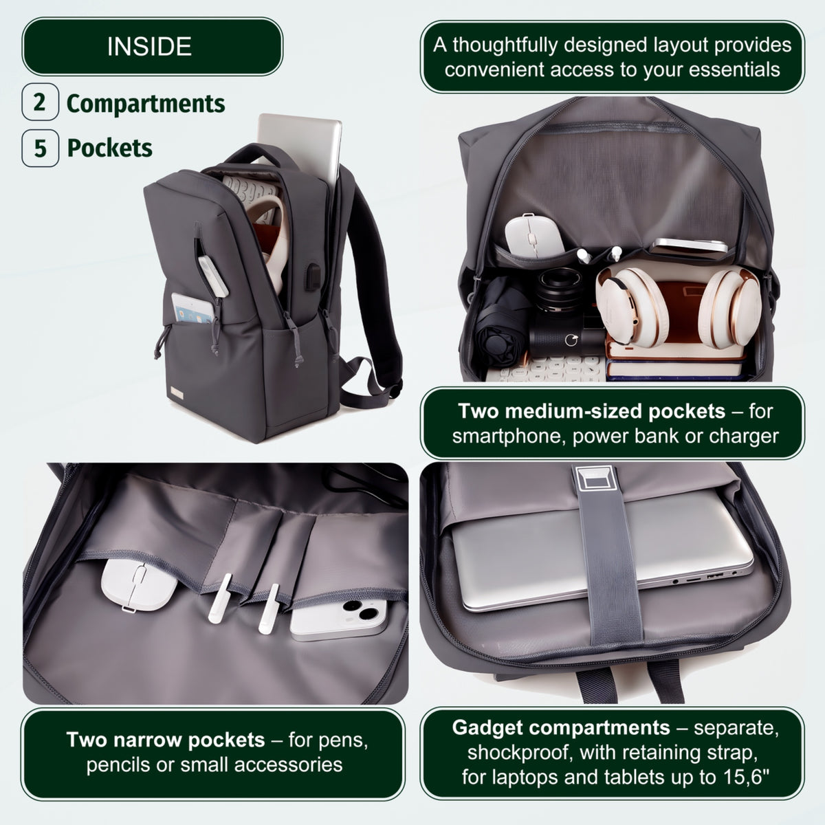Youth School & College Backpack VIO | Fits 15.6 Laptop A4 | Built-In USB Port | Ryanair & Wizz Air Carry-On For Campus, University & Travel | Water-Resistant – Grey