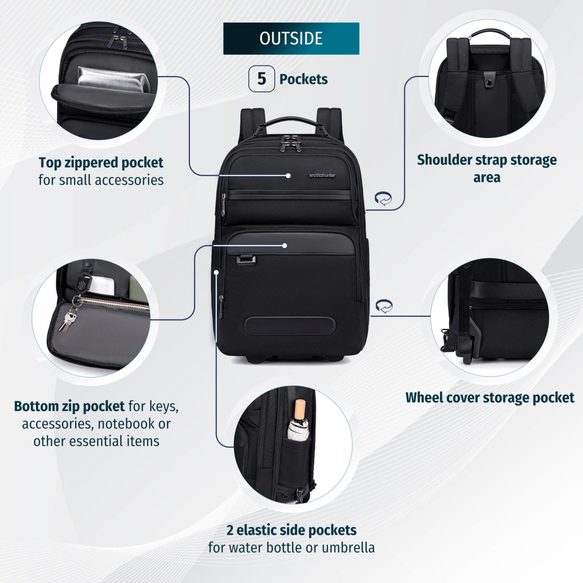 Arctic Hunter 2-in-1 Rolling Backpack Suitcase | Telescopic Handle | 15.6" Laptop | 2 Compartments 12 Pockets 27L – Black