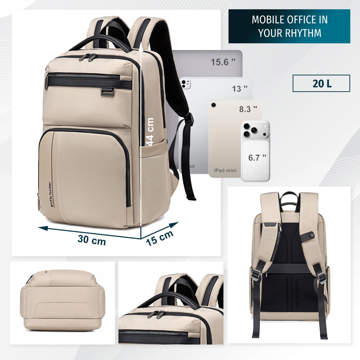Funkcjonalny plecak do pracy i w podróż służbową Arctic Hunter | Laptop 15.6" | 17 Kieszeni – Beżowy