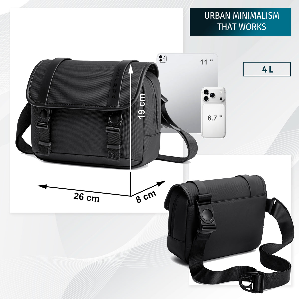 Crossbody Messenger Bag Arctic Hunter | 11" Tablet | Phone & Documents – Black