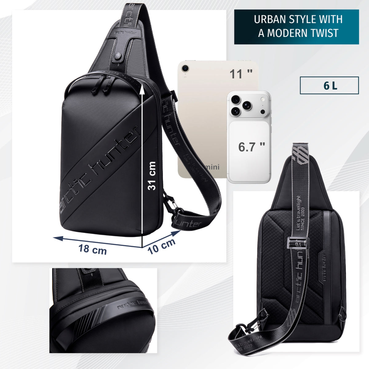 Torba sling przez ramię Arctic Hunter | Smartfon i dokumenty | Kieszeń antykradzieżowa | Pasek lewo/prawo – Czarna