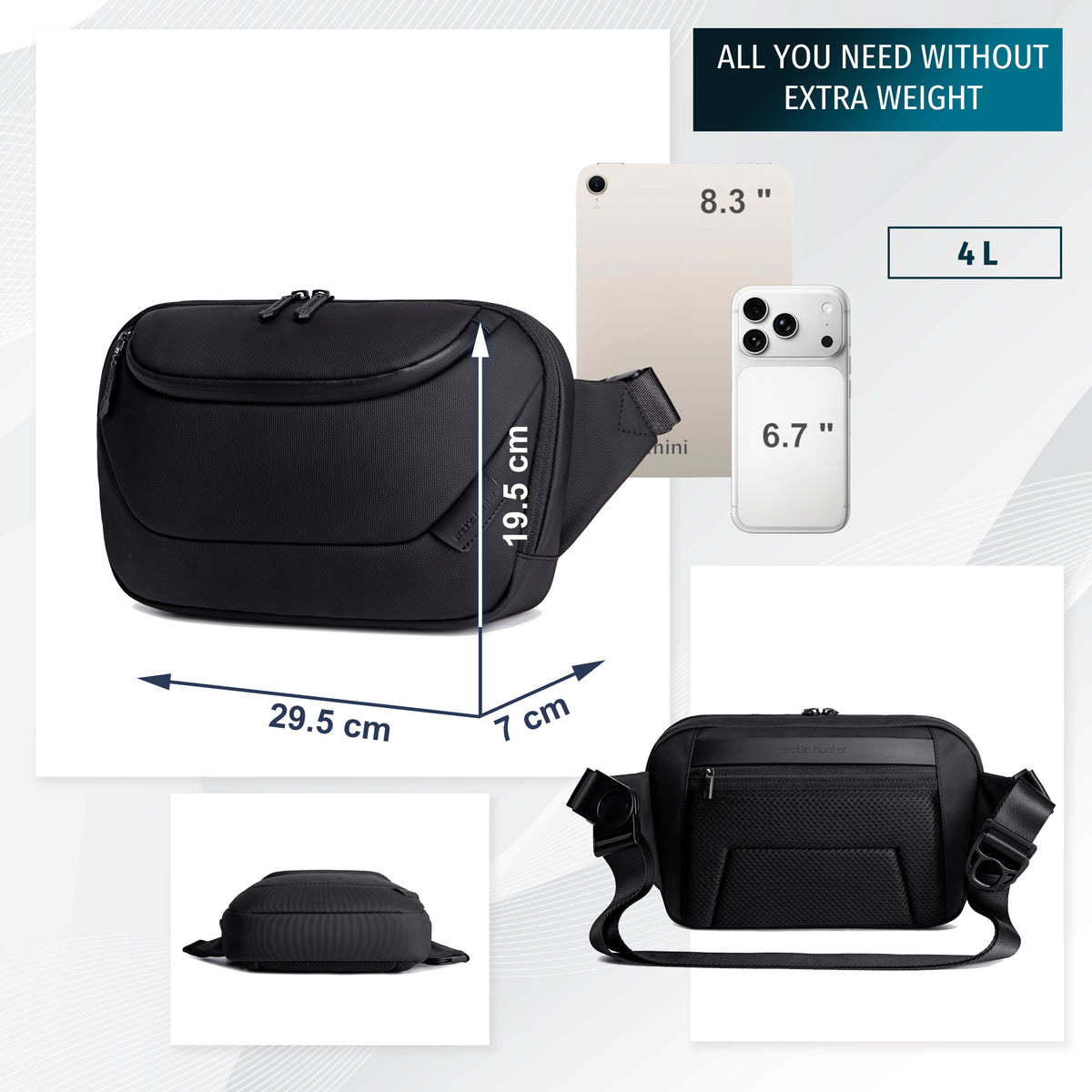 Crossbody Sling Waist Bag Arctic Hunter | Phone & Documents | Key Clip | Anti-Theft Pocket – Black