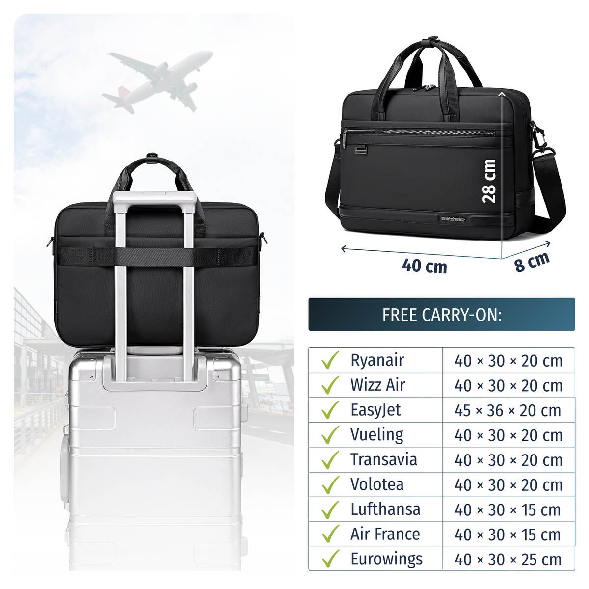 15.6" Laptop Shoulder Bag | Luggage Strap | Water-Resistant | Business Briefcase - Black