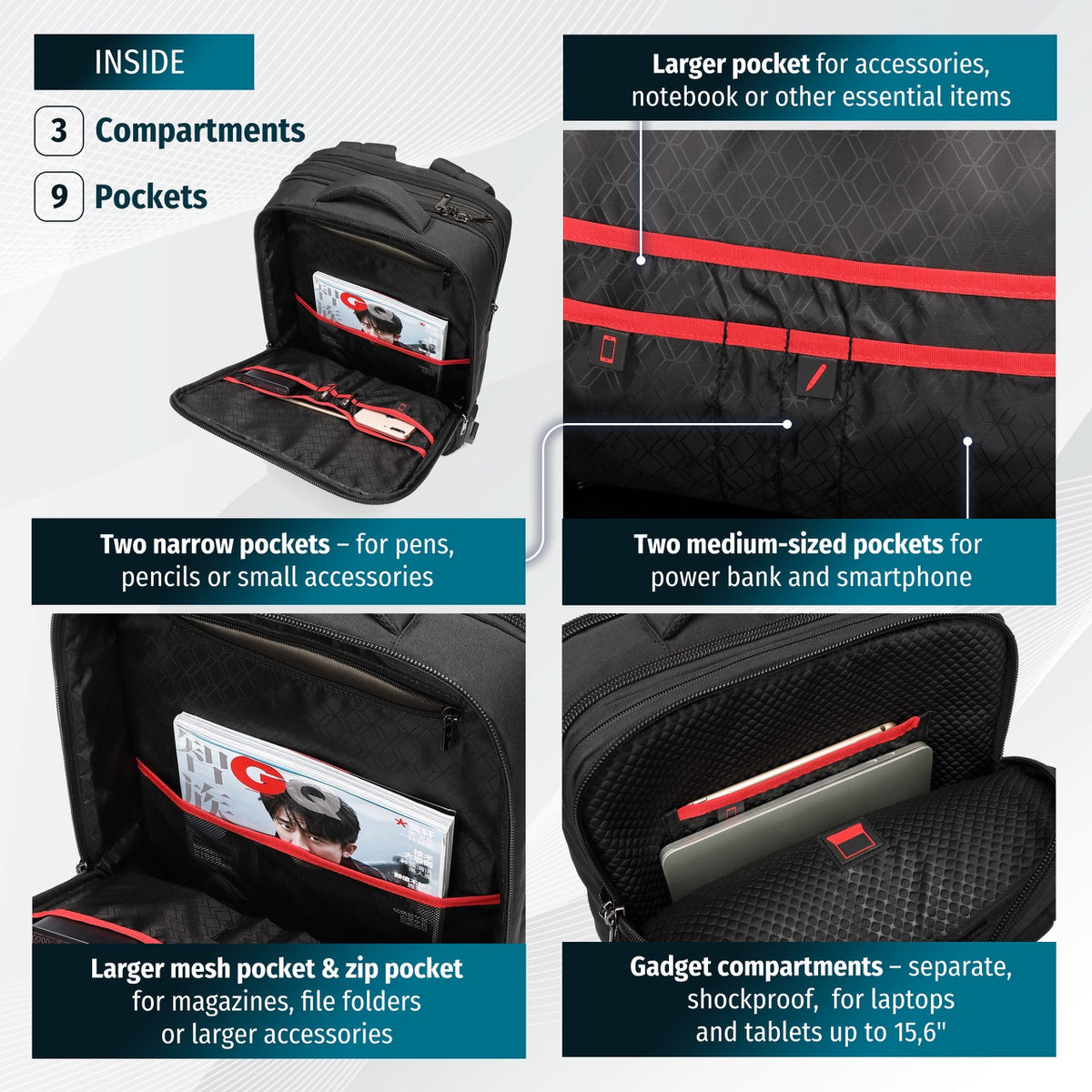 Plecak do samolotu bagaż podręczny Arctic Hunter | Rozszerzany +9cm | Port USB | Laptop 15.6" | Komora 180° – Czarny