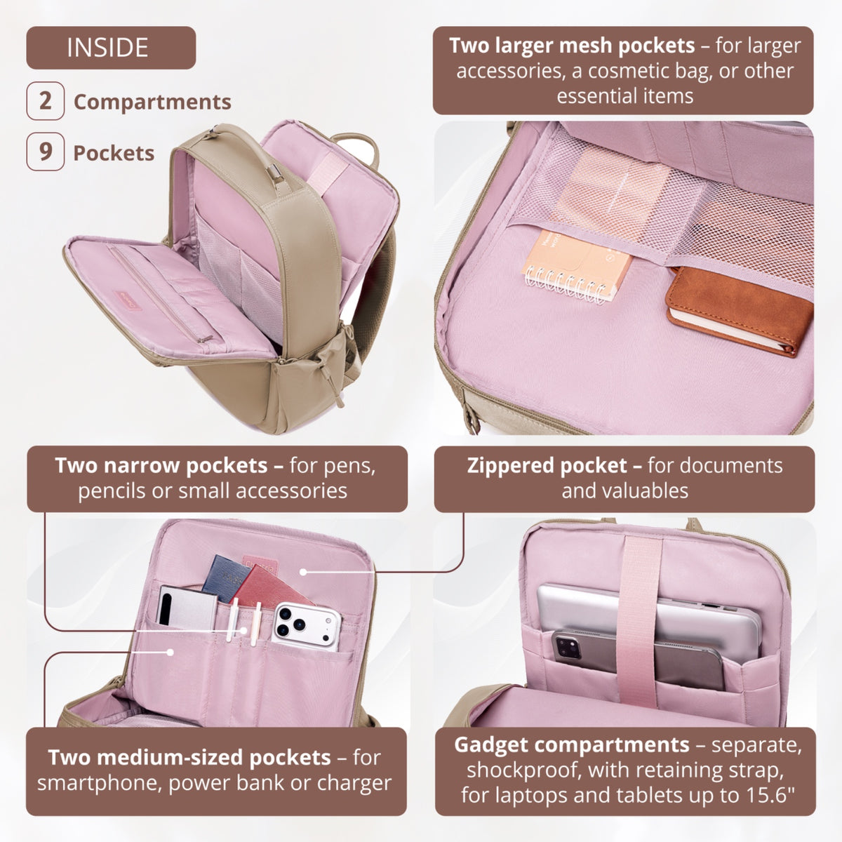Chantria Women's Organizer Backpack | 2 Compartments, 15 Pockets | Fits 15.6" Laptop, iPad, A4 | Luggage Strap – Beige