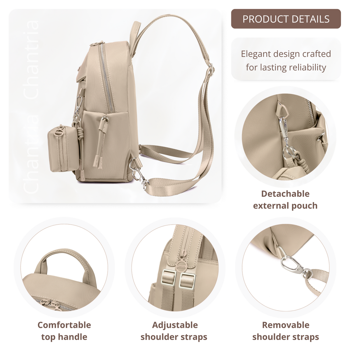 Women's Mini City Backpack Chantria Small & Lightweight | For Going Out & Walks | Fits iPad Phone & Cosmetics | With Keychain Pouch – Beige