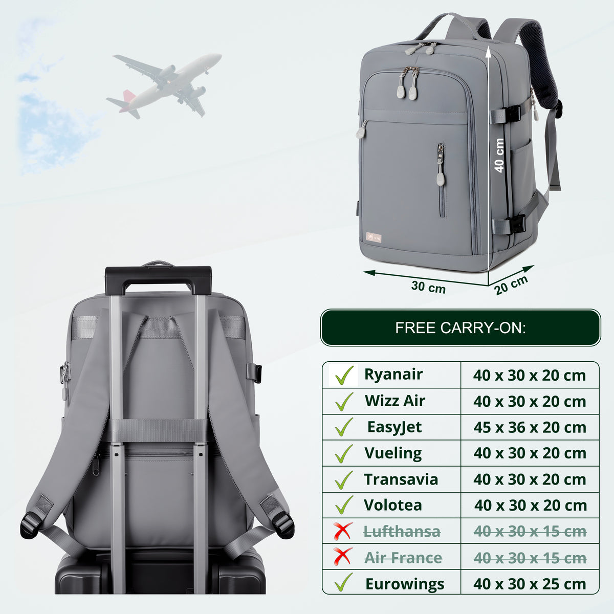 Cabin Travel Backpack | 40x30x20 Ryanair WizzAir | Expandable | Free Carry-On – Grey