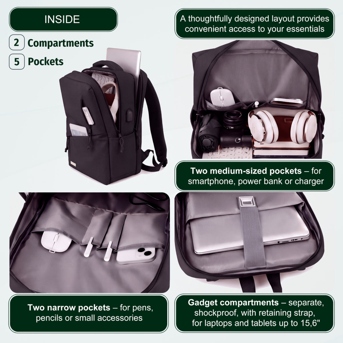 Youth School & College Backpack VIO | Fits 15.6 Laptop A4 | Built-In USB Port | Ryanair & Wizz Air Carry-On For Campus, University & Travel | Water-Resistant – Black