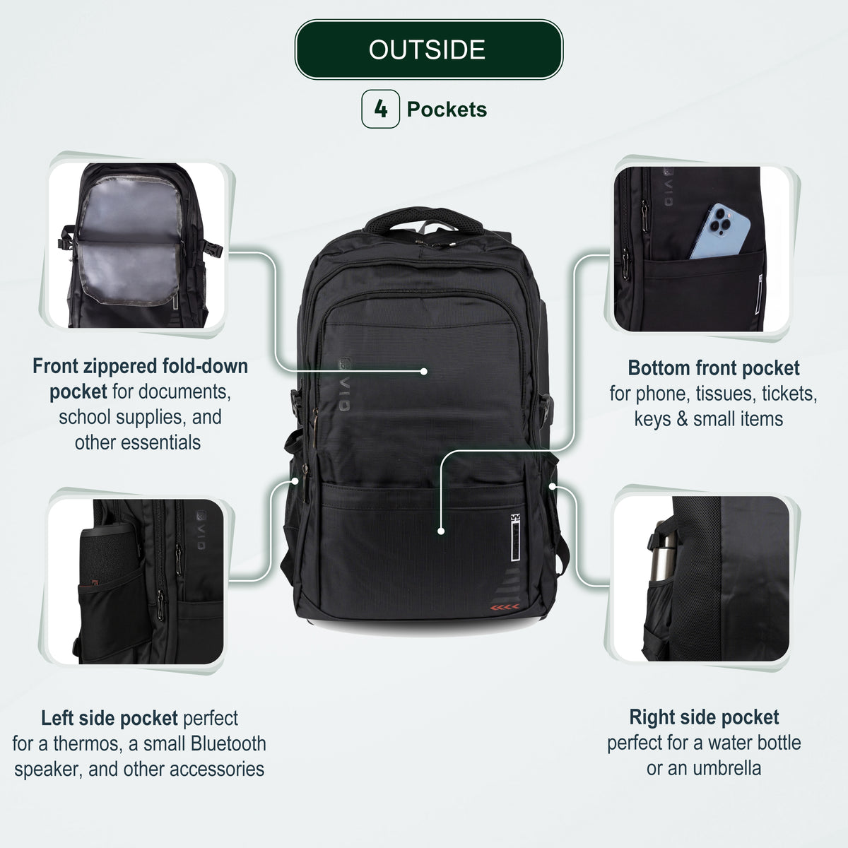 Youth School & College Backpack VIO | Fits 15.6 Laptop A4 | 3 Spacious Compartments | For School, College & University | Lightweight – Black