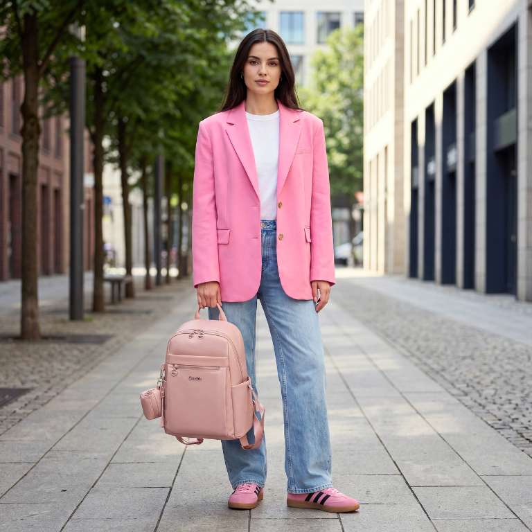 Compact Women's City Backpack Chantria Elegant | Fits iPad & Essentials | With Clip-On Earbuds Case | Smart Pockets | Luggage Strap – Powder Pink