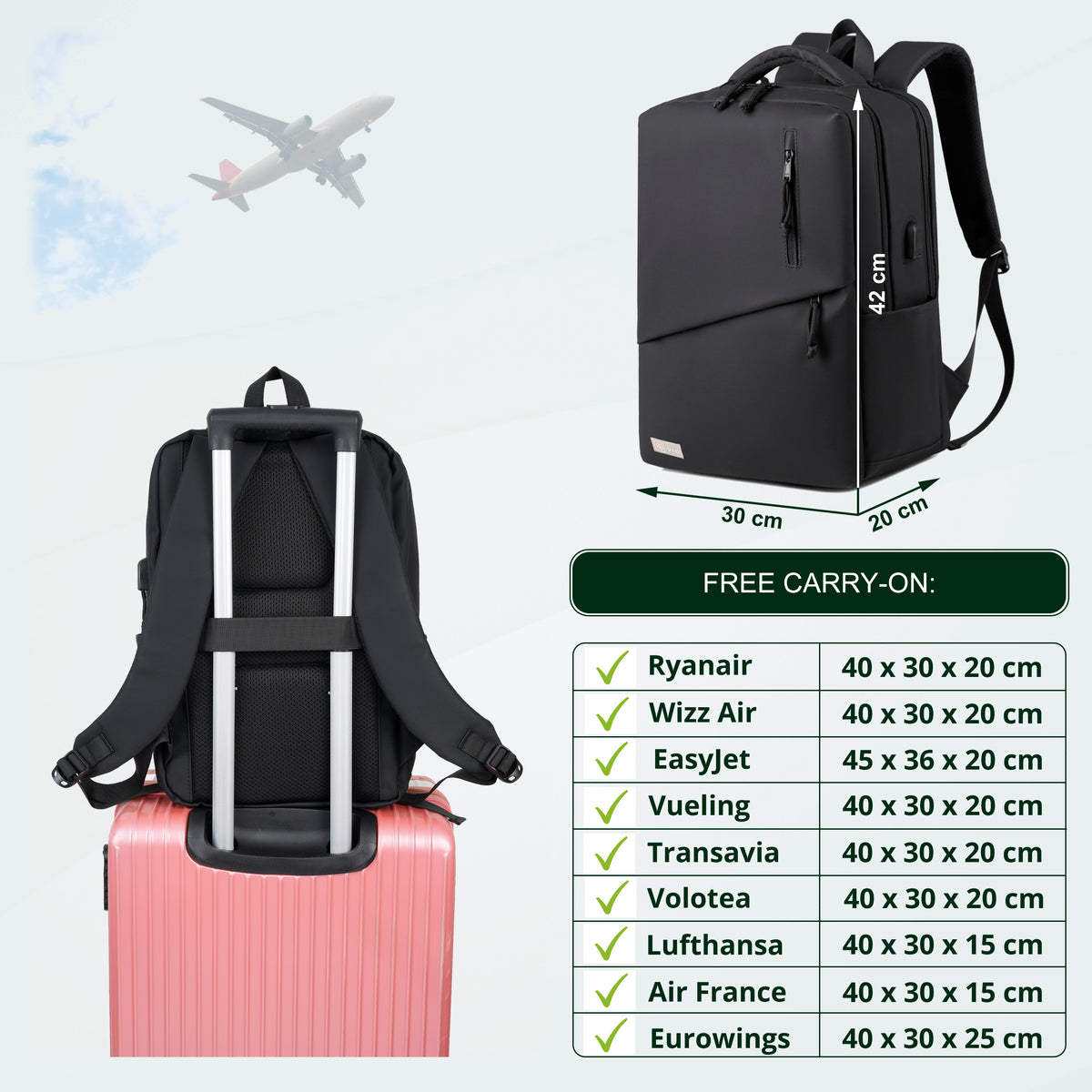 Youth School & College Backpack VIO | Fits 15.6 Laptop A4 | Built-In USB Port | Ryanair & Wizz Air Carry-On For Campus, University & Travel | Water-Resistant – Black