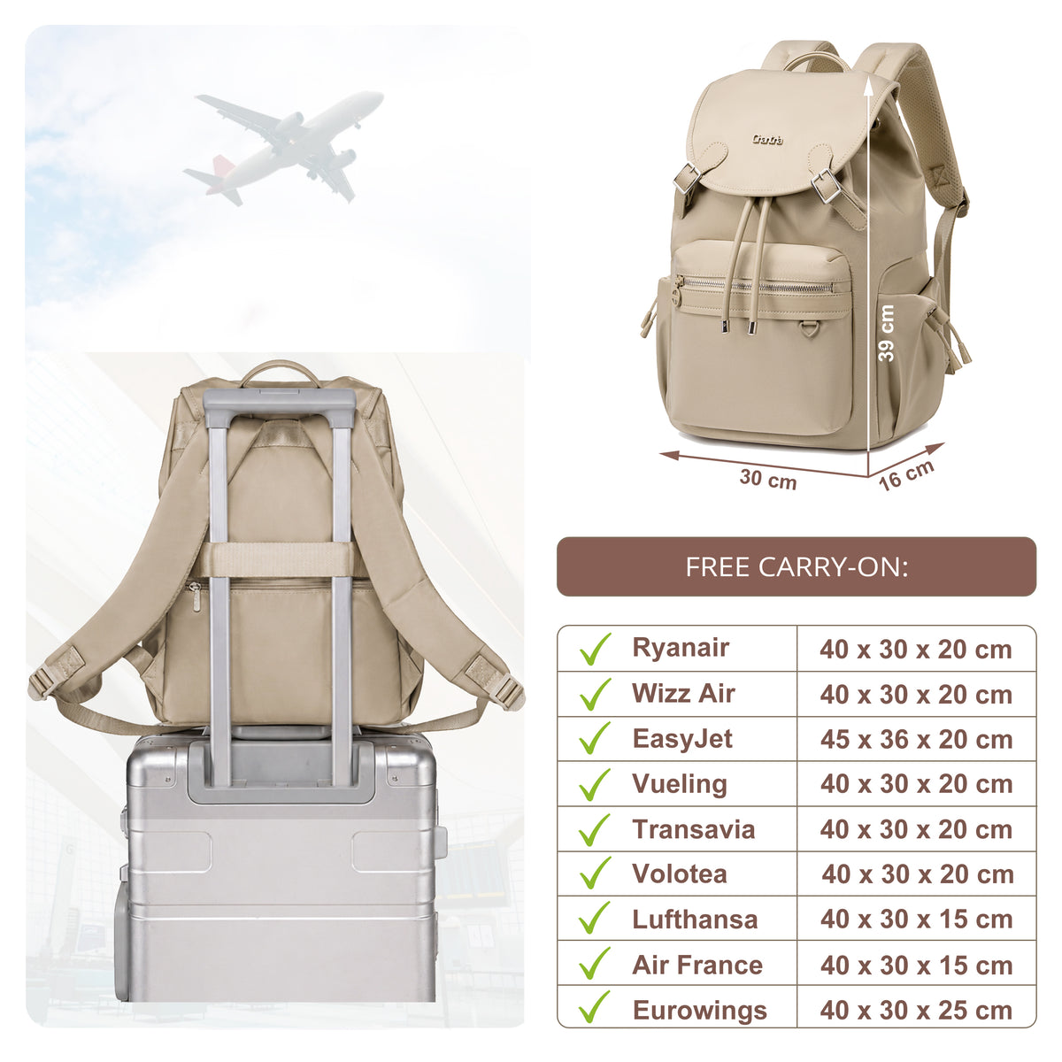Plecak z klapą damski Chantria | 18L, 10 kieszeni | Laptop 15.6", iPad, A4 | Bezpłatny bagaż Ryanair, Wizz Air – Beżowy