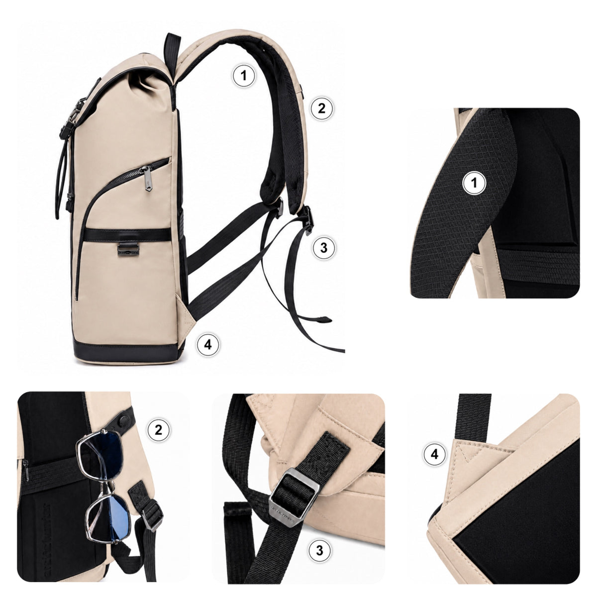 Plecak casual męski z klapą beżowy wiele kiszeni  laptop 15,6 pojemny 18 L