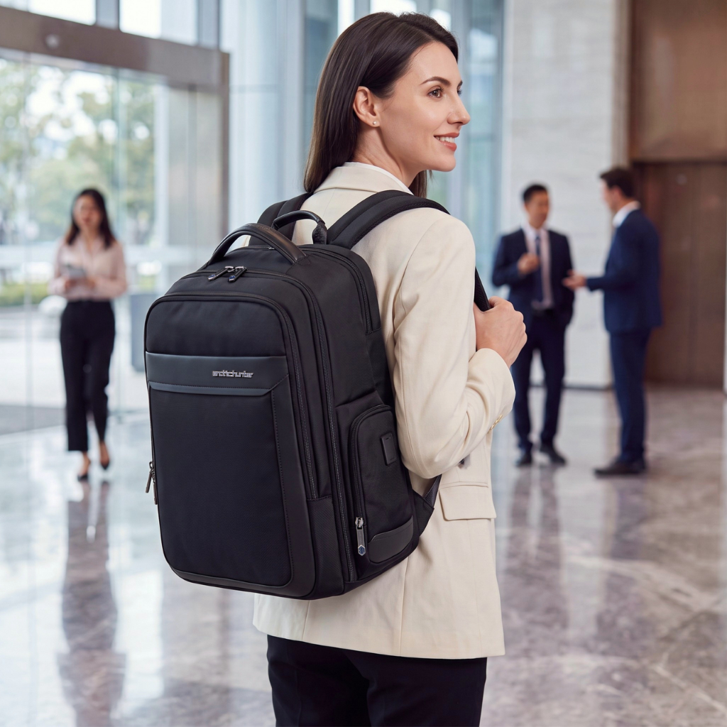 Miejski plecak biznesowy Arctic Hunter | Duży Laptop 17" | Pasek na walizkę | Komora podróżna 180° – Czarny