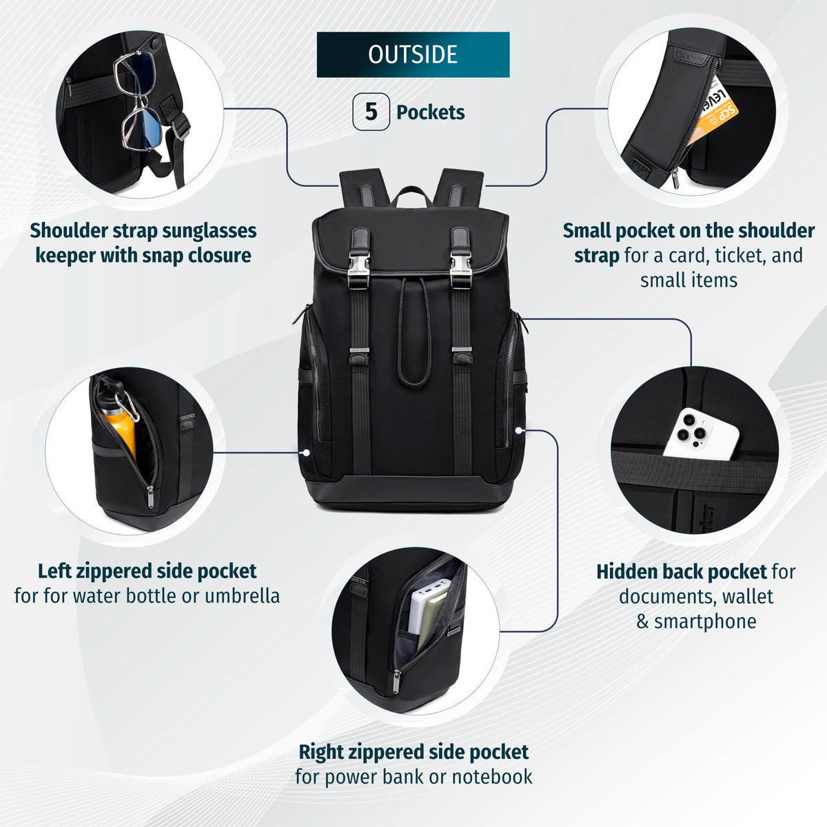 Men's Urban Flap Backpack with Buckles | 15.6" Laptop | Luggage Strap | Organizer 8 Pockets – Black
