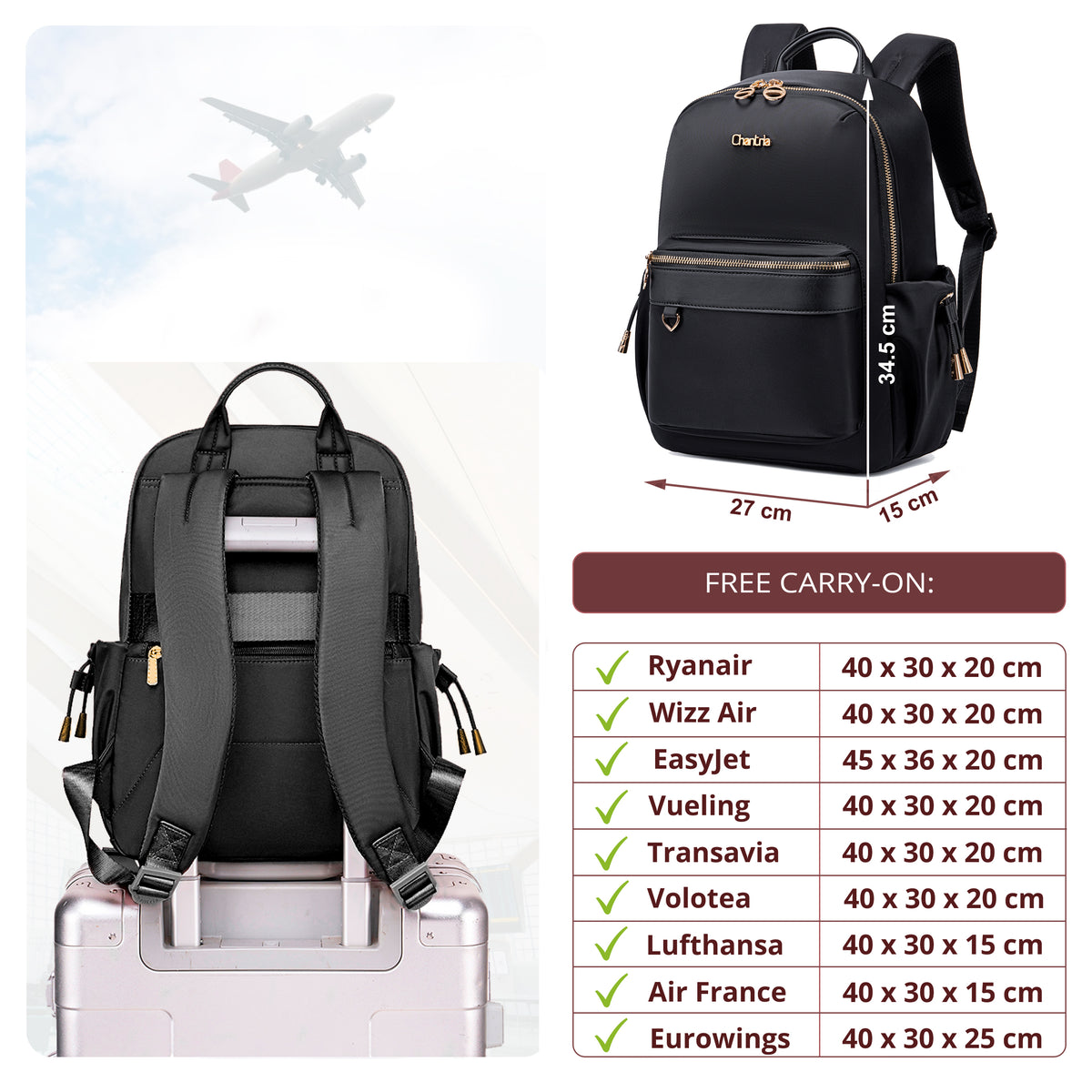 Women's City Backpack Chantria Elegant | Fits MacBook Air 13" & iPad | Smart Multi-Pockets & Anti-Theft | Everyday Casual & Travel | Luggage Strap – Black