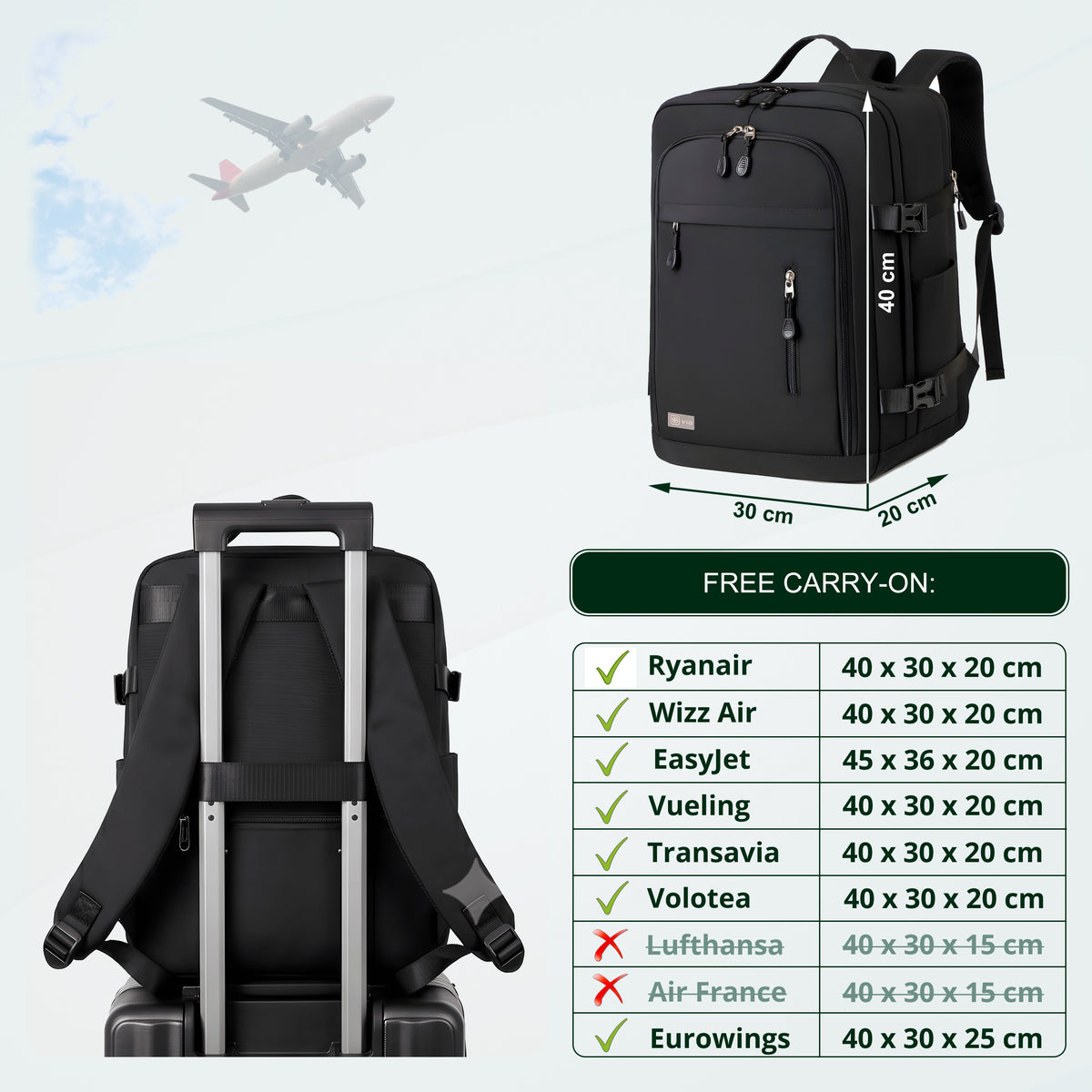 Cabin Travel Backpack | 40x30x20 Ryanair WizzAir | Expandable | Free Carry-On – Black