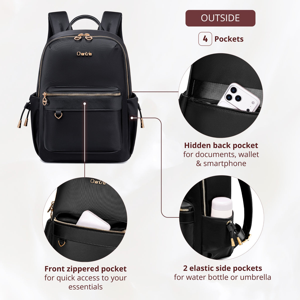 Women's City Backpack Chantria Elegant | Fits MacBook Air 13" & iPad | Smart Multi-Pockets & Anti-Theft | Everyday Casual & Travel | Luggage Strap – Black