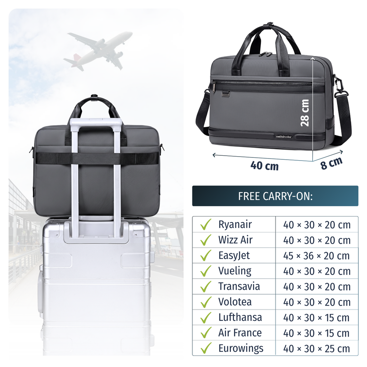 15.6" Laptop Shoulder Bag Arctic Hunter| Luggage Strap | Water Resistant | Business Briefcase – Grey