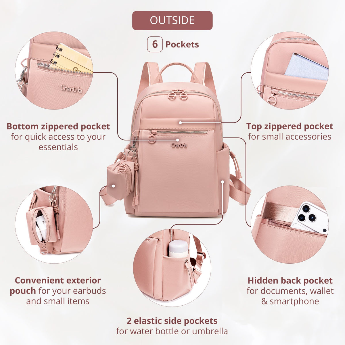 Compact Women's City Backpack Chantria Elegant | Fits iPad & Essentials | With Clip-On Earbuds Case | Smart Pockets | Luggage Strap – Powder Pink