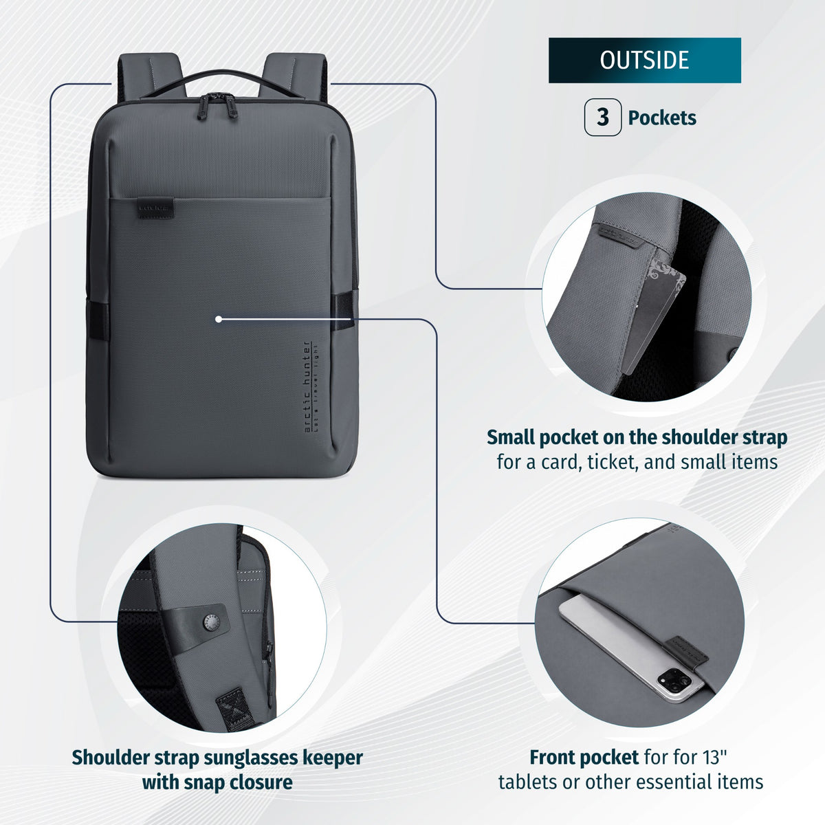 Plecak na co dzień Arctic Hunter | Laptop 15.6" | Wodoodporny poliester – Szary