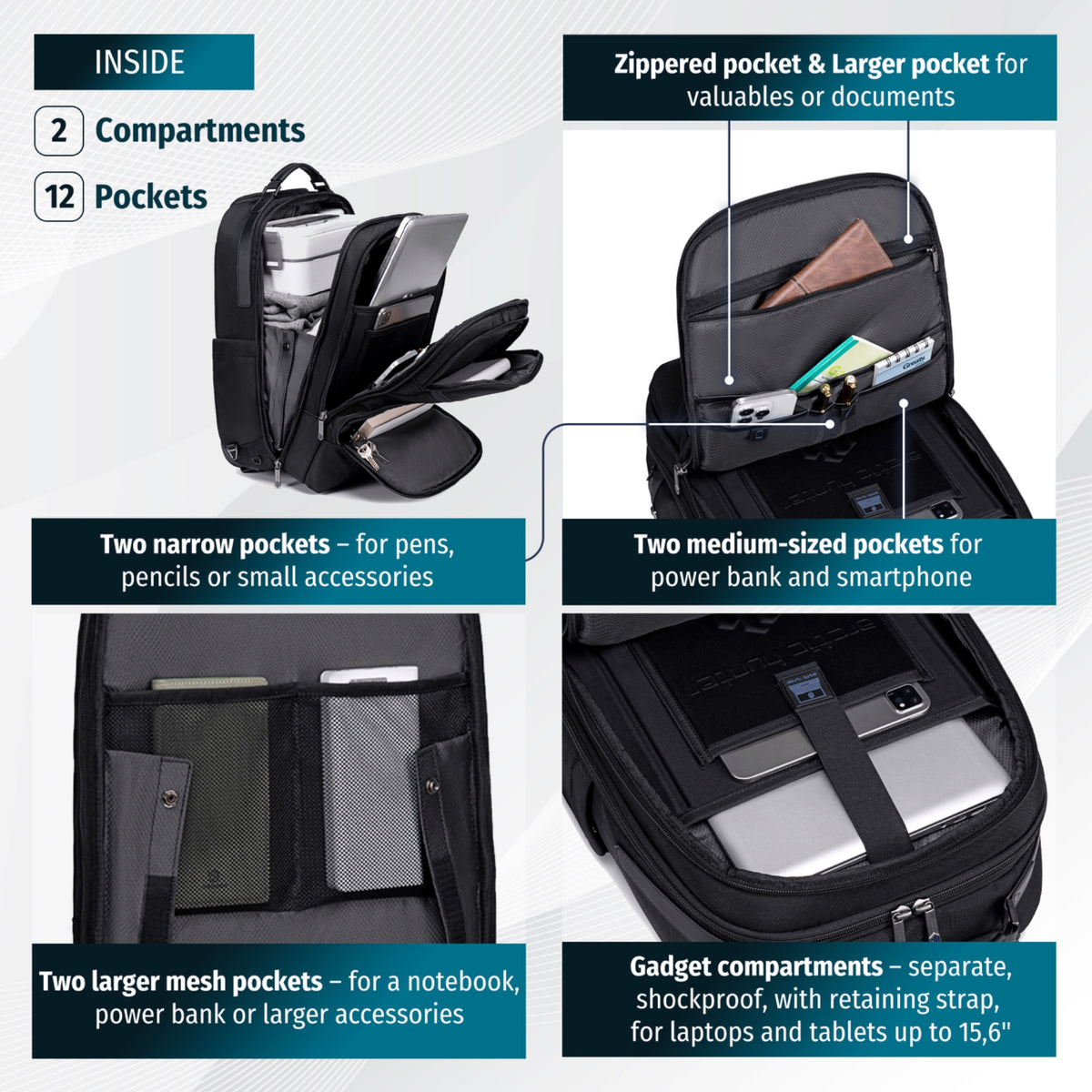 Arctic Hunter 2-in-1 Rolling Backpack Suitcase | Telescopic Handle | 15.6" Laptop | 2 Compartments 12 Pockets 27L – Black