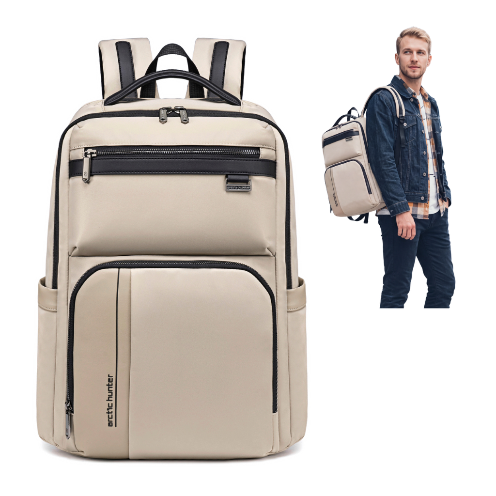 Funkcjonalny plecak do pracy i w podróż służbową Arctic Hunter | Laptop 15.6" | 17 Kieszeni – Beżowy