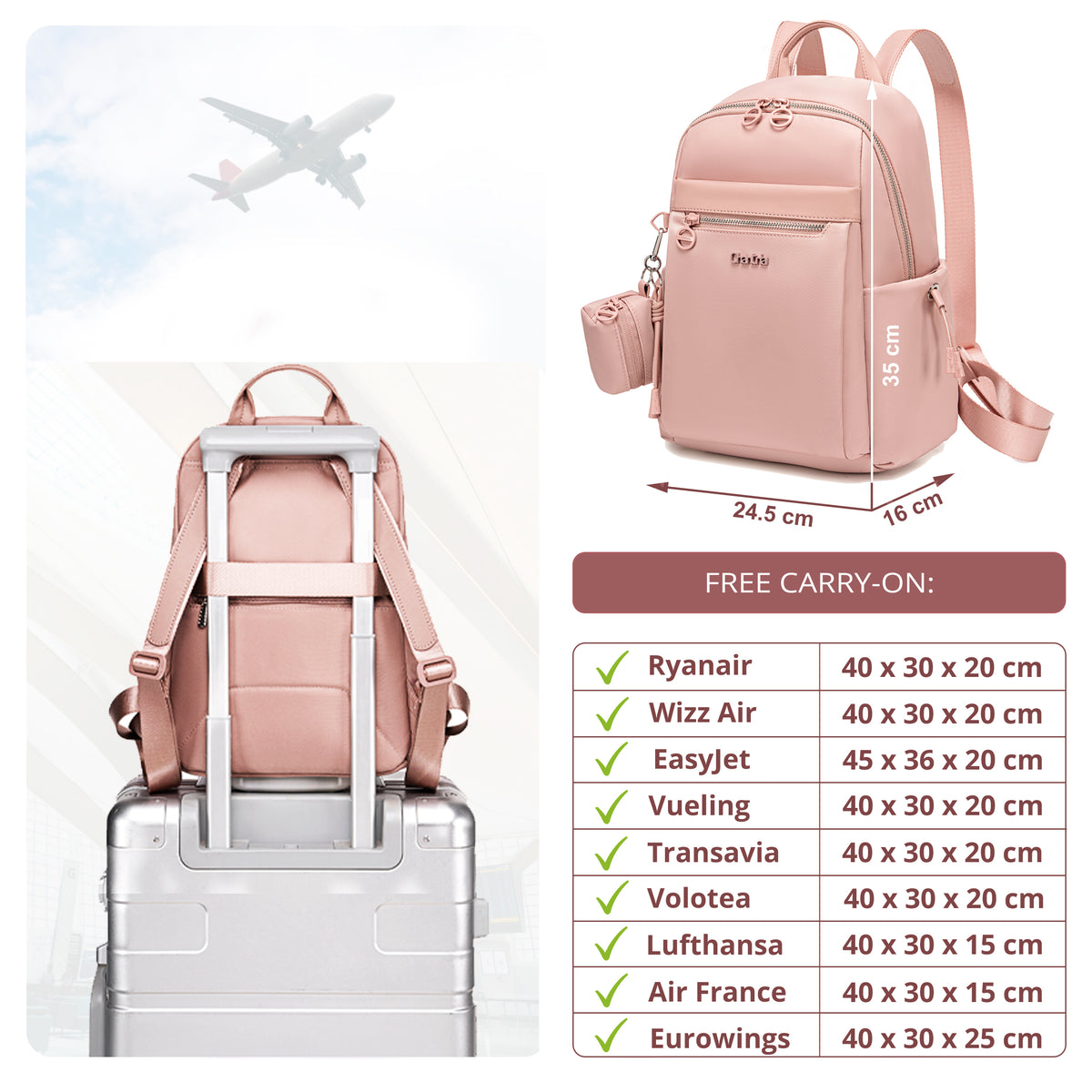 Compact Women's City Backpack Chantria Elegant | Fits iPad & Essentials | With Clip-On Earbuds Case | Smart Pockets | Luggage Strap – Powder Pink