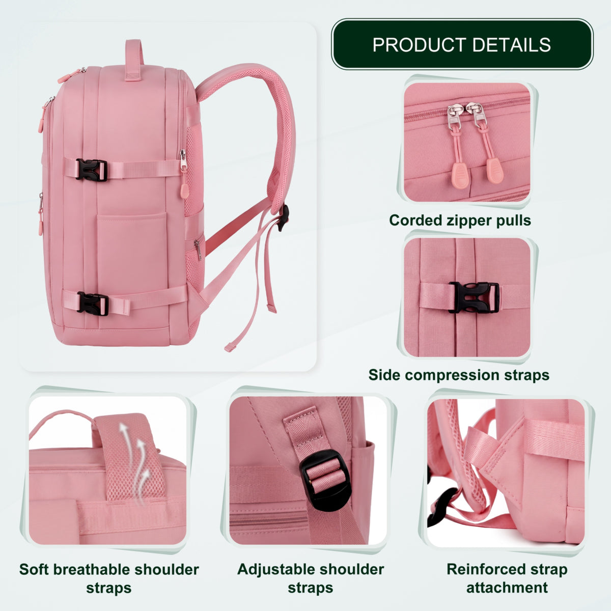 Cabin Travel Backpack | 40x30x20 Ryanair WizzAir | Expandable | Free Carry-On – Pink