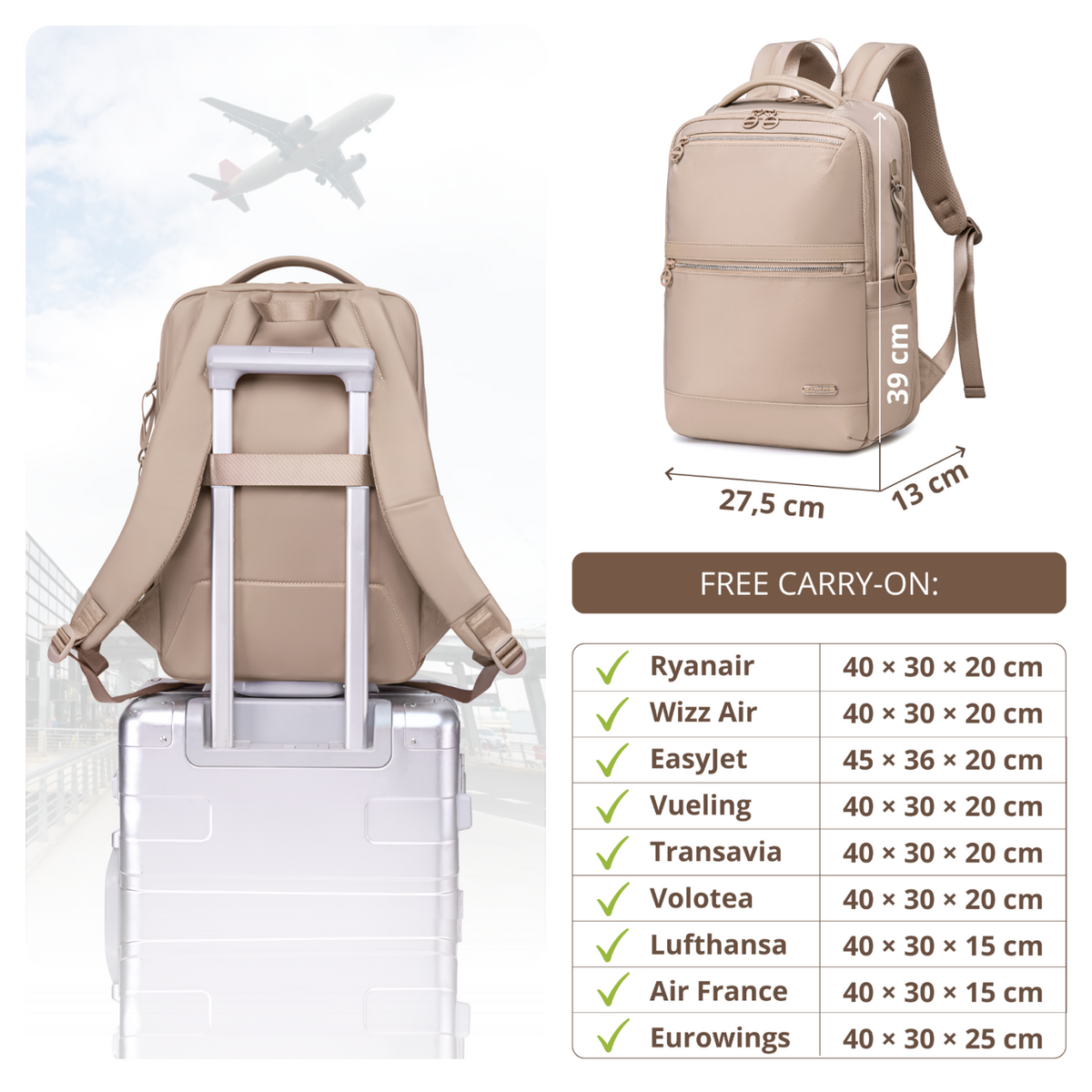 Women's City Backpack Chantria | For College & Work | Fits 15.6 Laptop Books & A4 Folders | Multi-Pocket | Free Carry-On Ryanair Wizzair – Beige