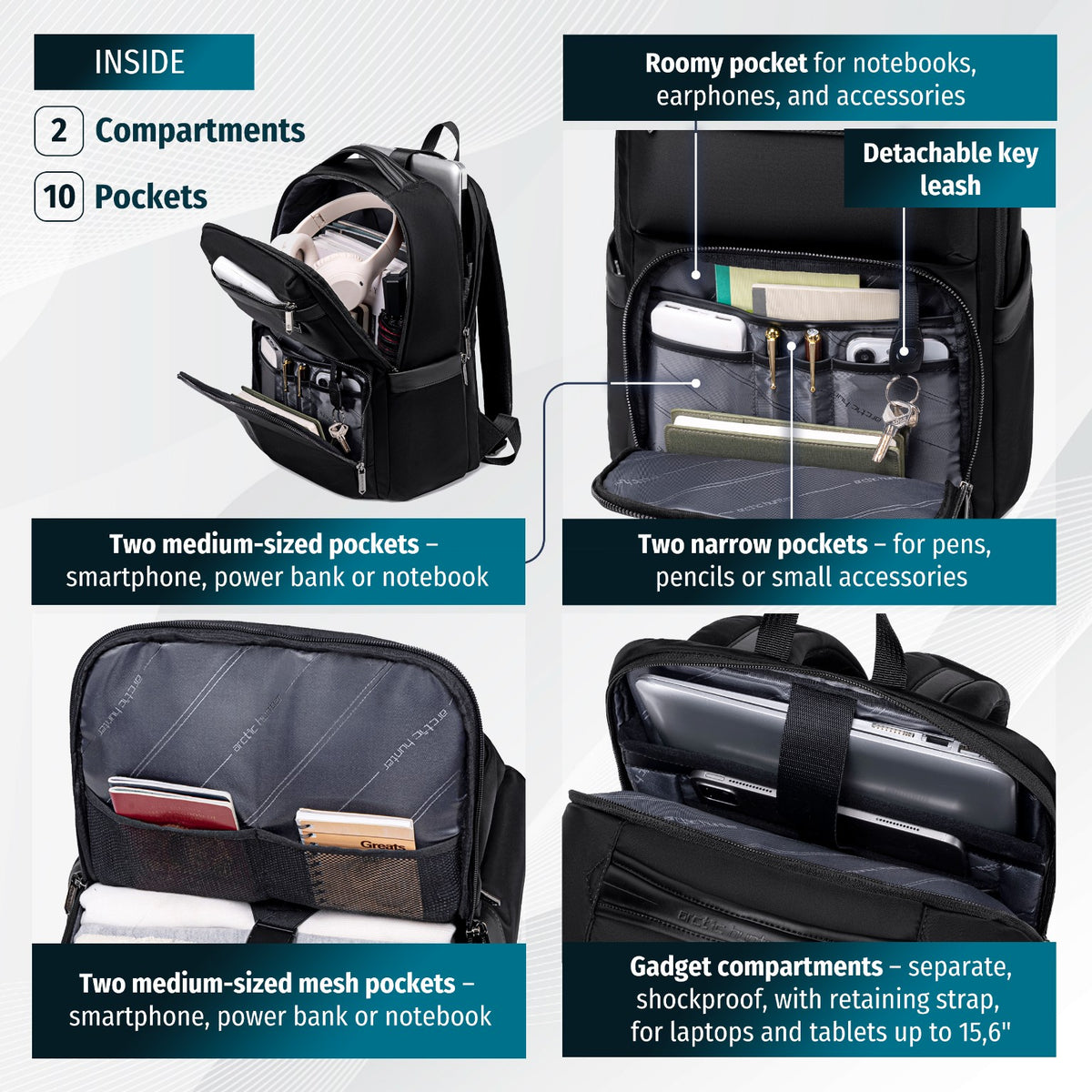 Arctic Hunter Functional Business & Travel Backpack | 15.6" Laptop Compartment | 17 Pockets – Black