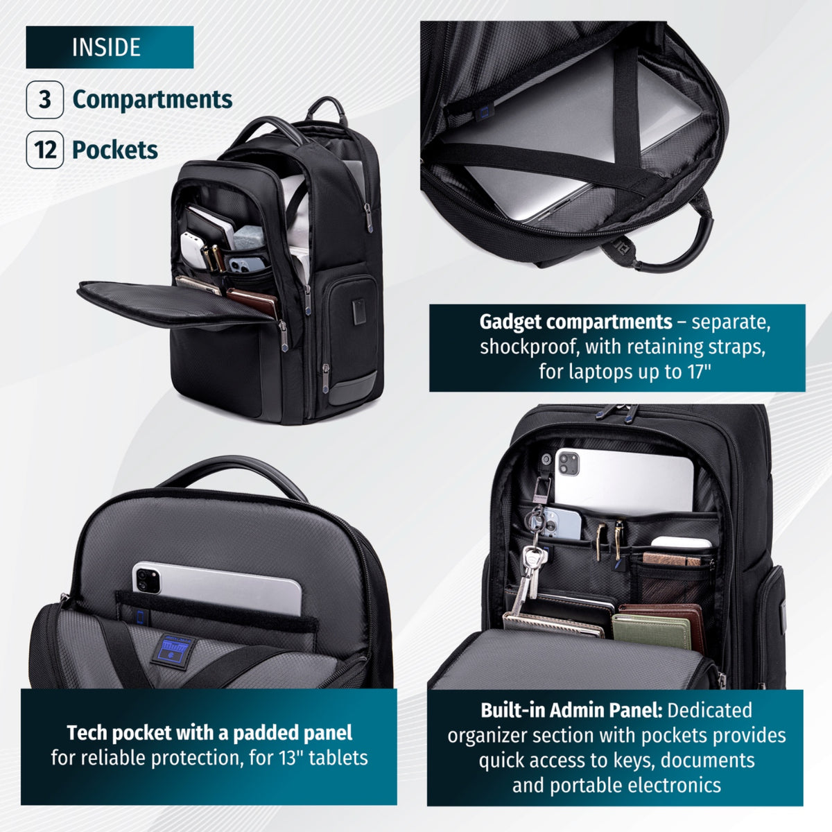 Miejski plecak biznesowy Arctic Hunter | Duży Laptop 17" | Pasek na walizkę | Komora podróżna 180° – Czarny