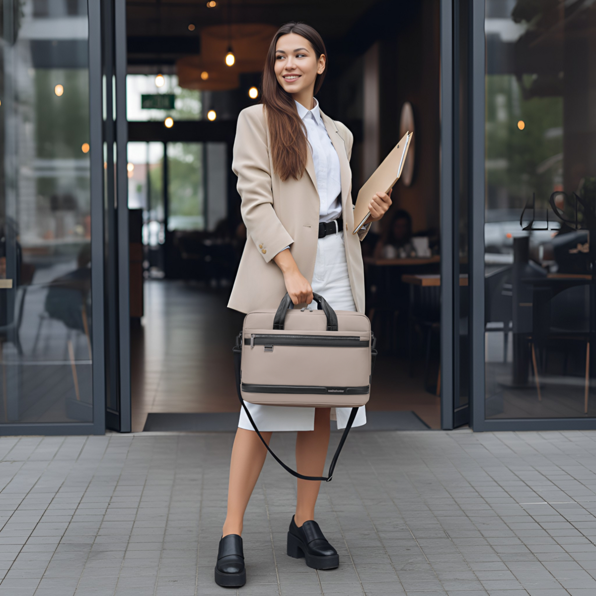 Torba na ramię w kolorze cappuccino stylowa elegancka do pracy laptop 15,6