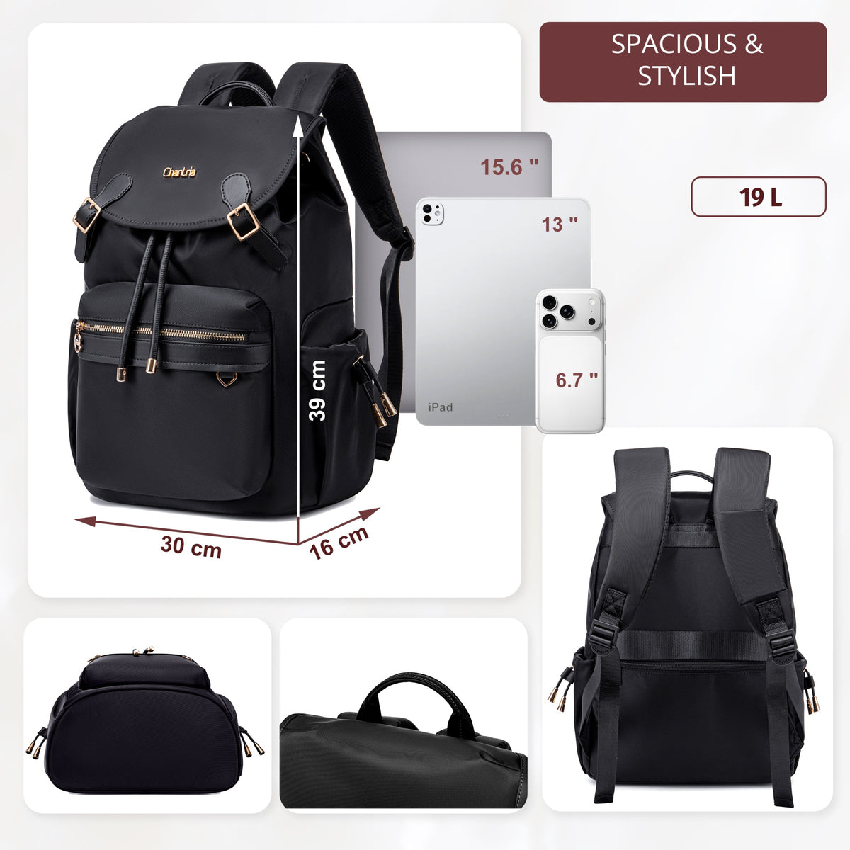 Plecak z klapą damski Chantria | 18L, 10 kieszeni | Laptop 15.6", iPad, A4 | Bezpłatny bagaż Ryanair, Wizz Air – Czarny