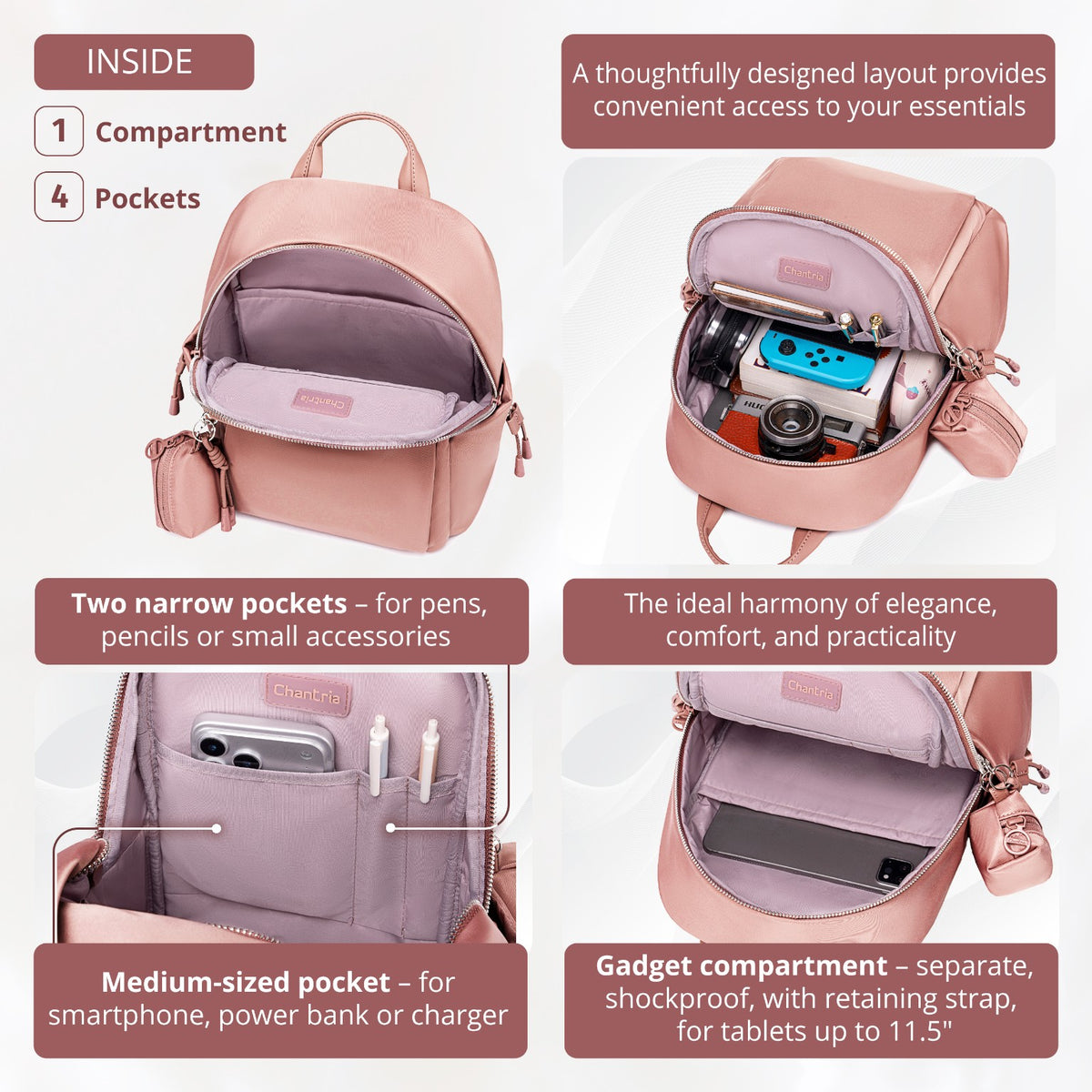 Compact Women's City Backpack Chantria Elegant | Fits iPad & Essentials | With Clip-On Earbuds Case | Smart Pockets | Luggage Strap – Powder Pink