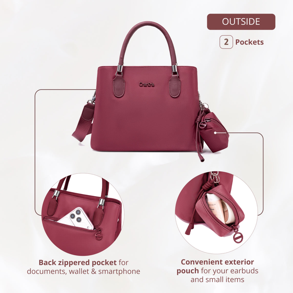 Women's Shoulder Bag Chantria | 2 Independent Compartments, Pockets & Earphone Case | Waterproof Nylon – Berry
