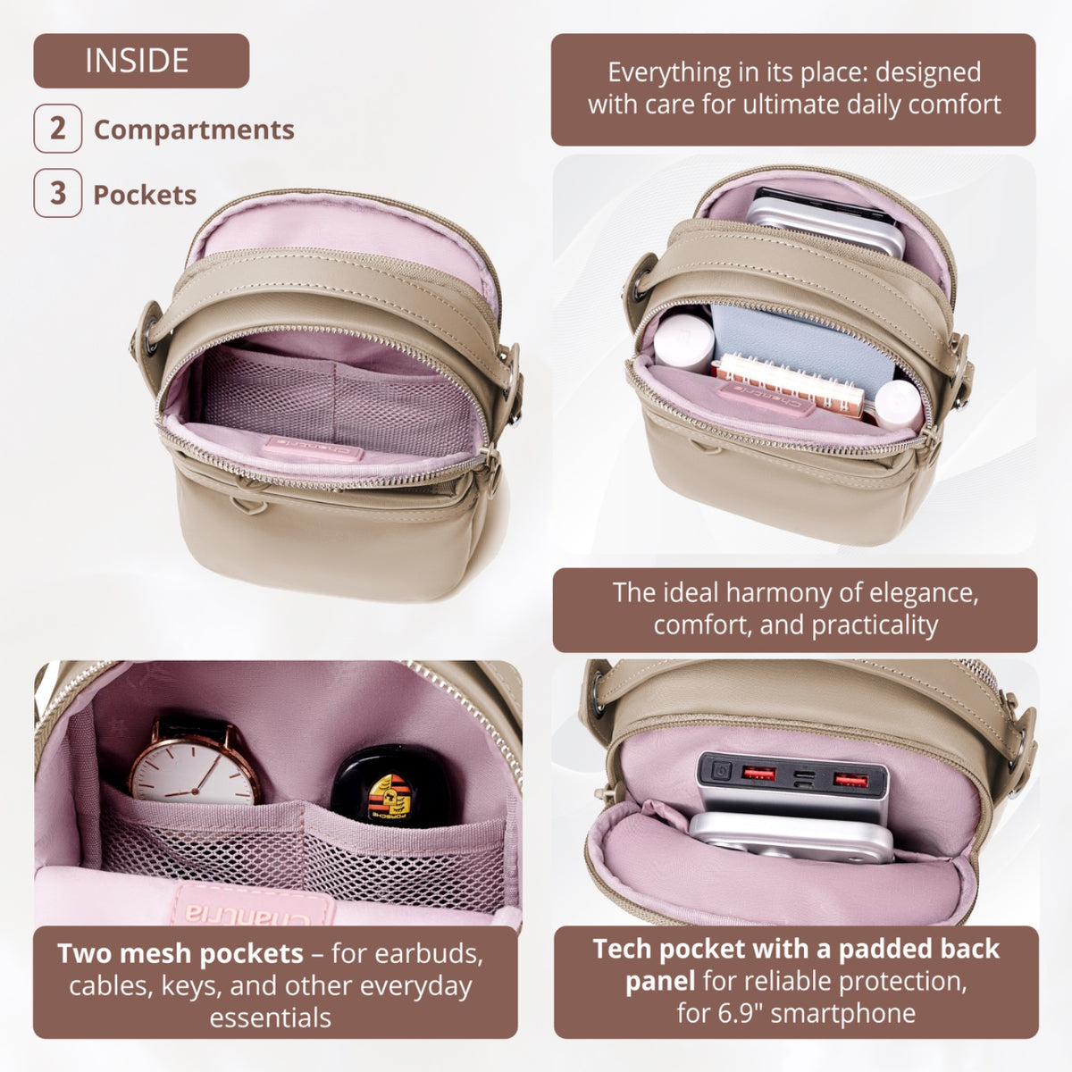 Women's Crossbody Shoulder Bag Chantria | For Phone, Documents and Essentials | Waterproof Nylon – Beige