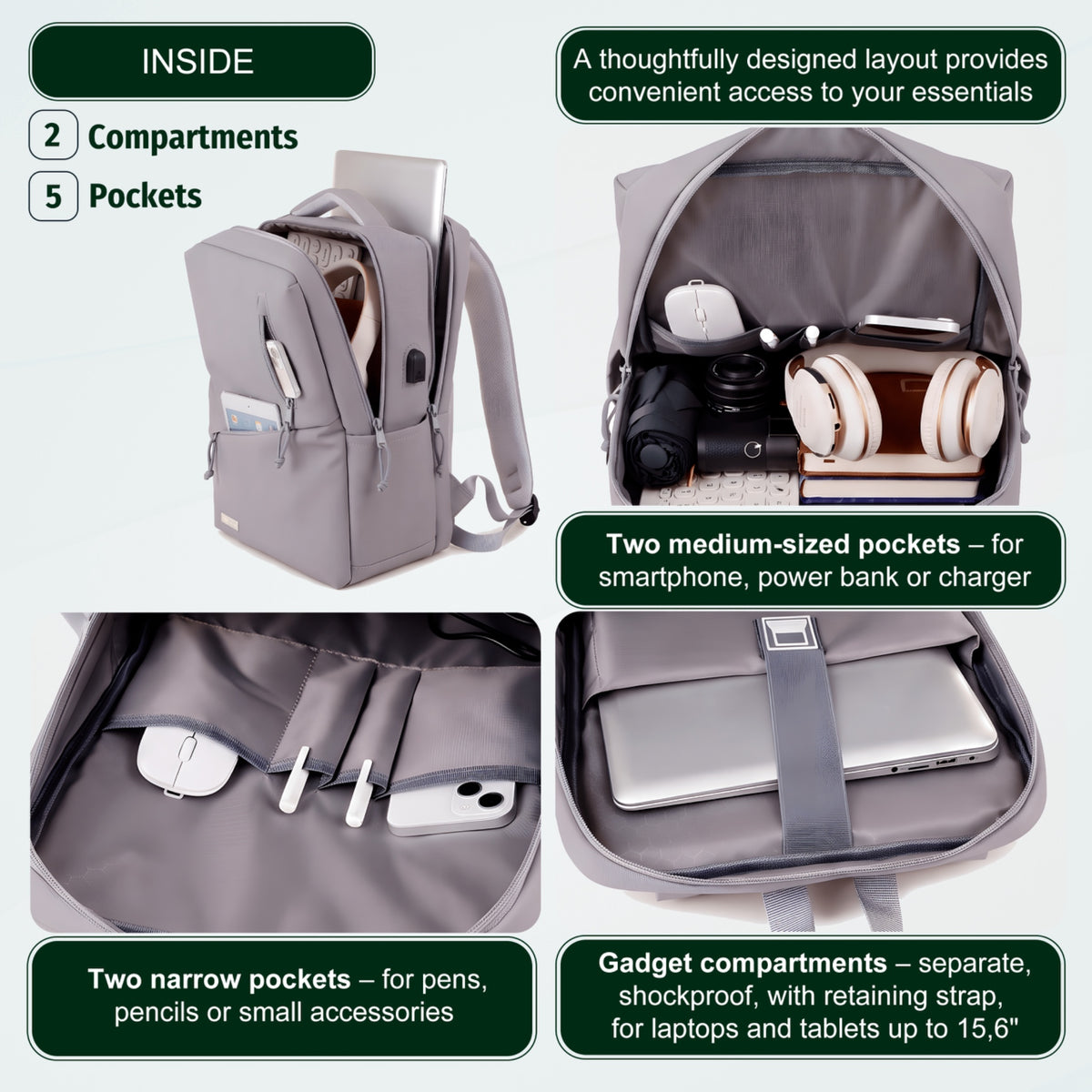 Youth School & College Backpack VIO | Fits 15.6 Laptop A4 | Built-In USB Port | Ryanair & Wizz Air Carry-On For Campus, University & Travel | Water-Resistant – Light Grey