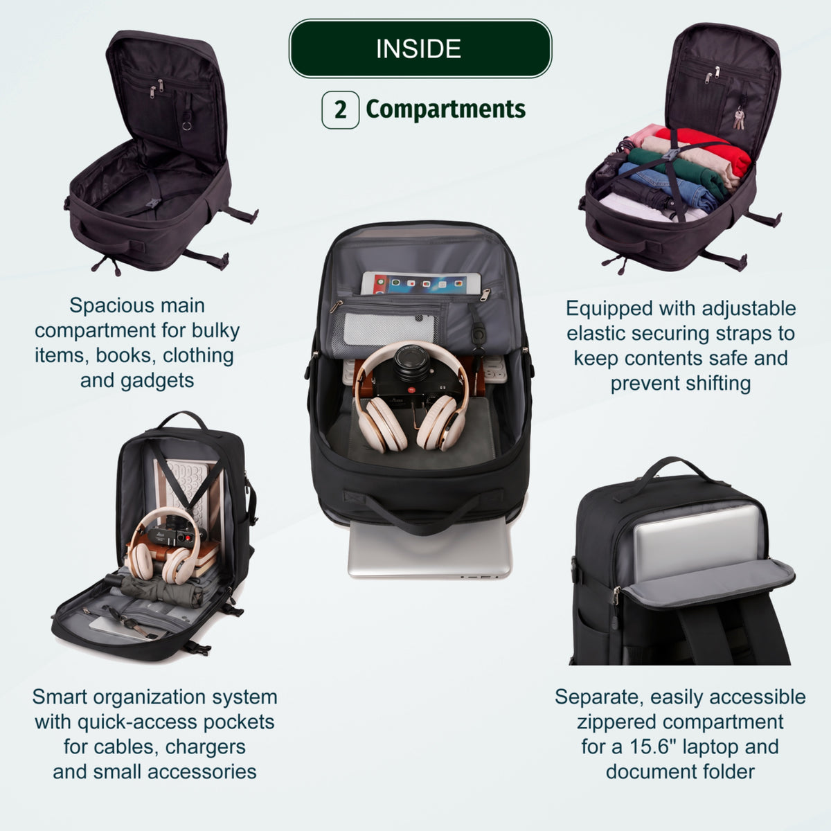 Cabin Travel Backpack | 40x30x20 Ryanair WizzAir | Expandable | Free Carry-On – Black