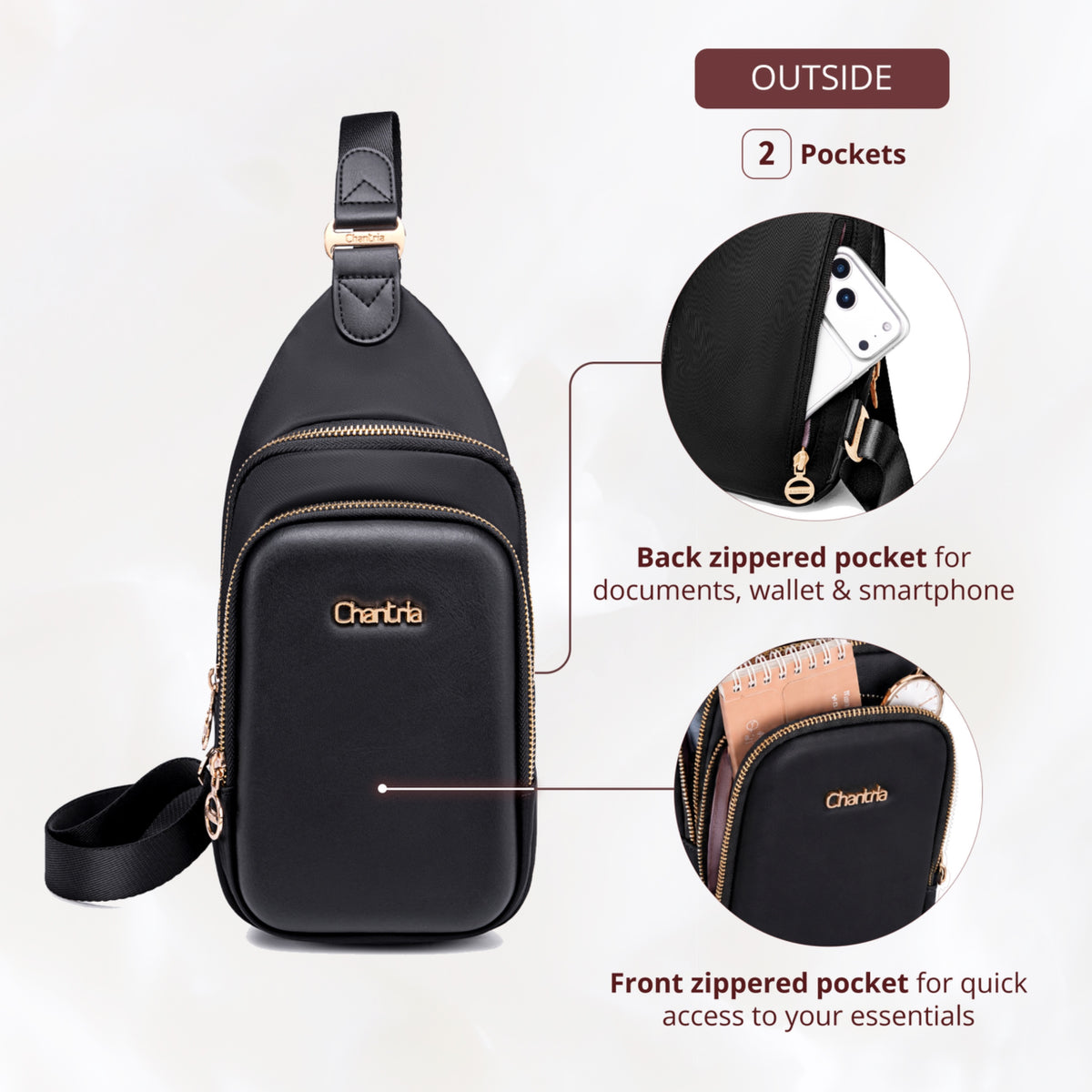 Women's Sling Chest Bag Crossbody Chantria | For Phone, Documents and Essentials | Hands-Free – Black