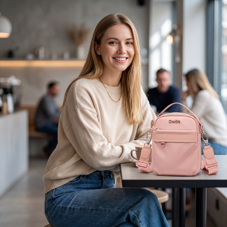 Torebka damska przez ramię crossbody Chantria | Na telefon, dokumenty i niezbędne drobiazgi | Wodoodporny nylon – Pudrowy róż