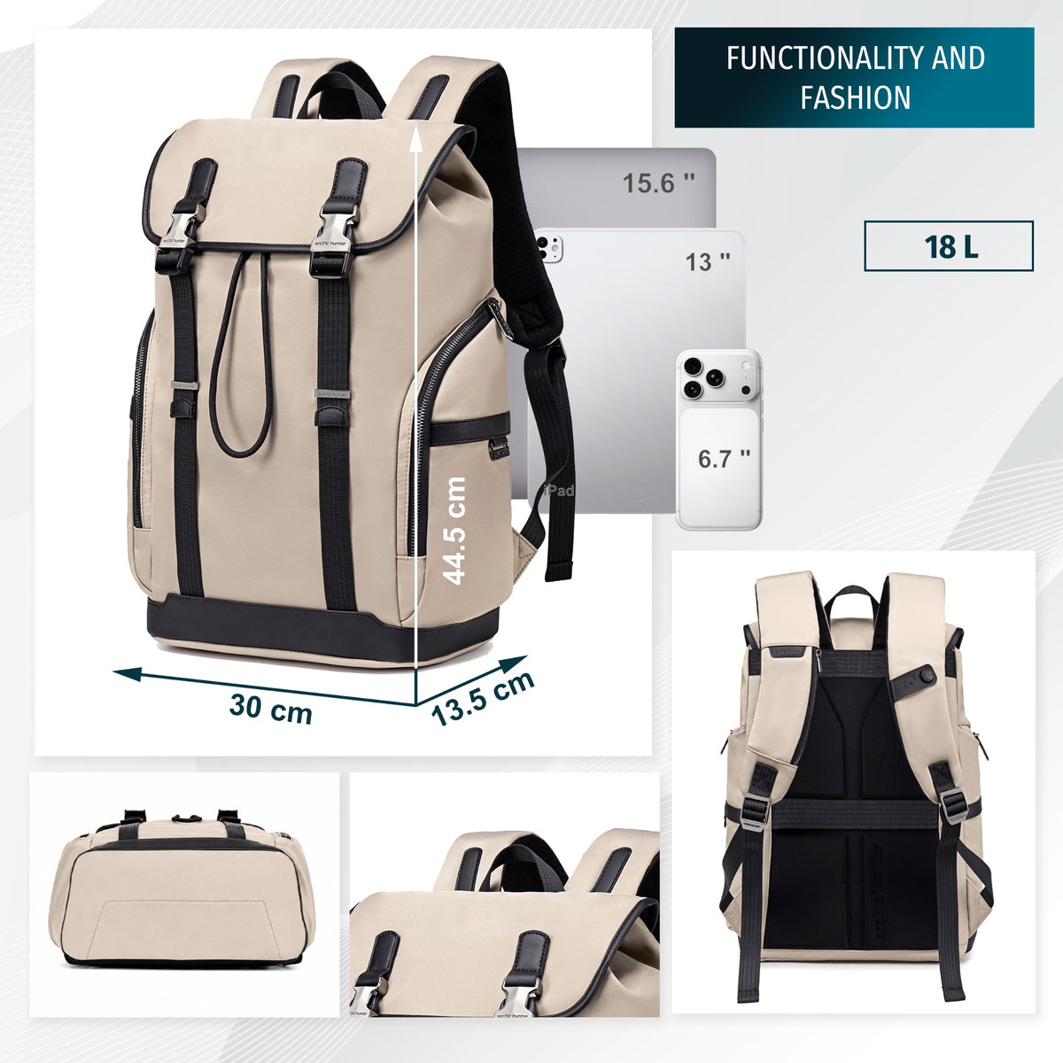 Plecak męski z klapą na klamry | Laptop 15.6" | Pasek na walizkę | Organizer 8 kieszeni – Beżowy