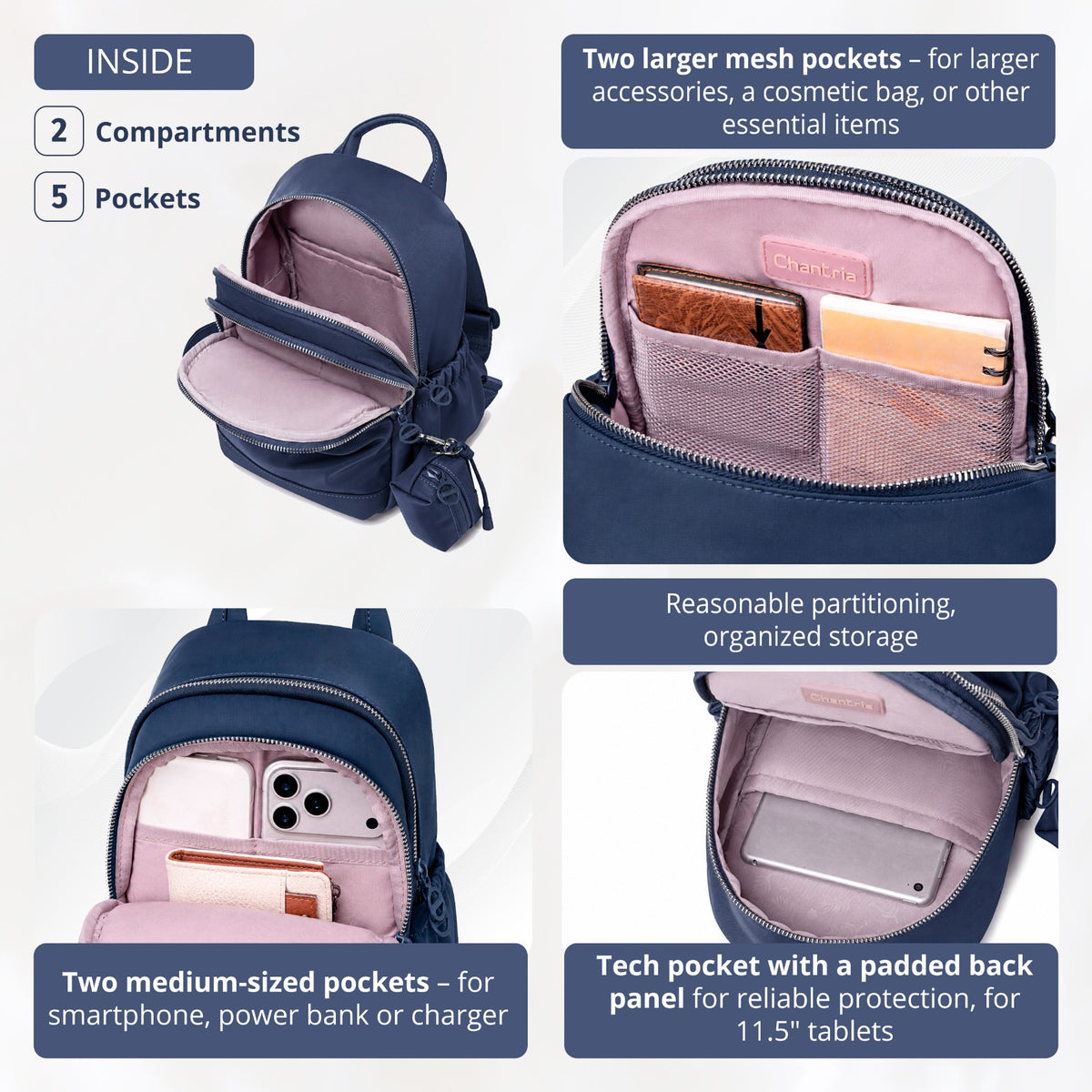 Compact Women's City Backpack Chantria | 2 Compartments, 10 Pockets | Fits 11" Tablet | Earbuds Case – Blue
